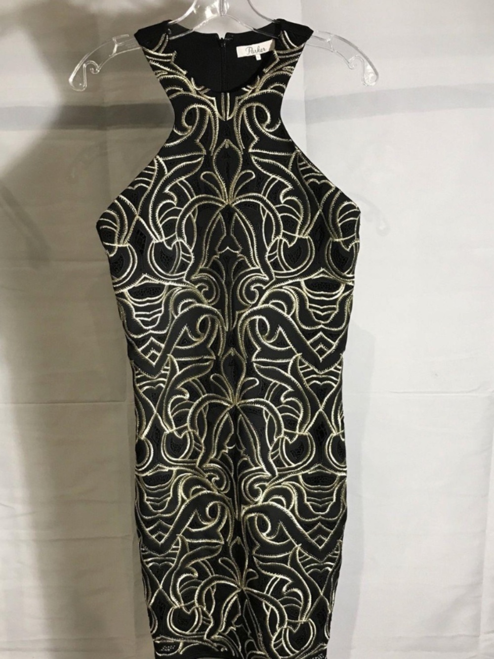 Kammi Dress Black Gold Embroidered Halter Sheath- Size L